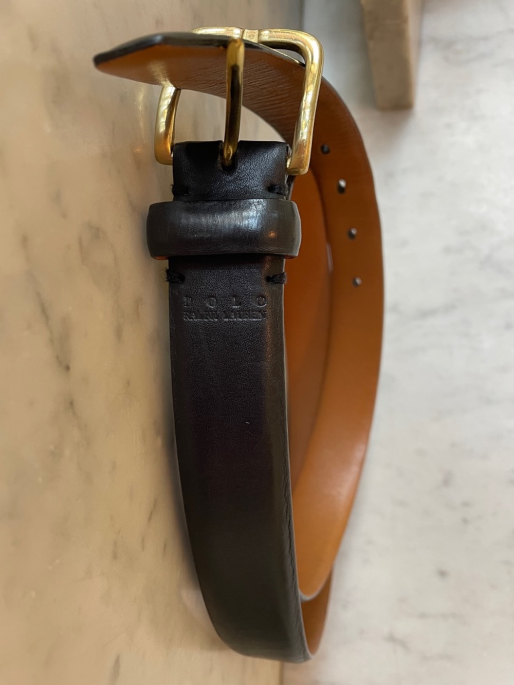 POLO RALPH LAUREN Men’s Black Leather Belt with Brass Gold-Tone Buckle